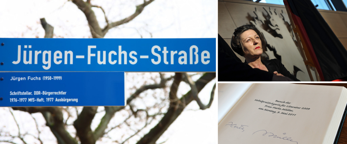 Collage mit dem Straßenschild der Jürgen-Fuchs-Straße,  Hertha Müller und der Eintrag im Gästebuch des Thüringer Landtags