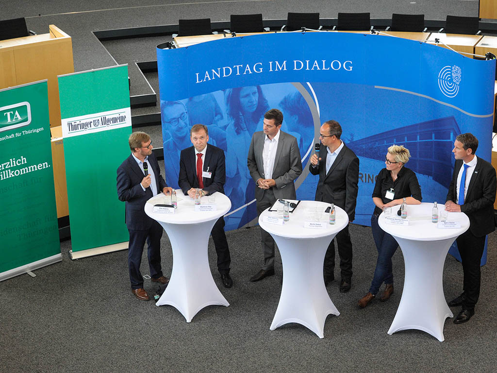 Die Fraktionsvorsitzenden des Thüringer Landtags in einer Diskussionsrunde.