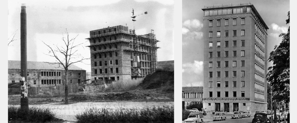Hochhaus und Justizanbau während der Erstellung im November 1950