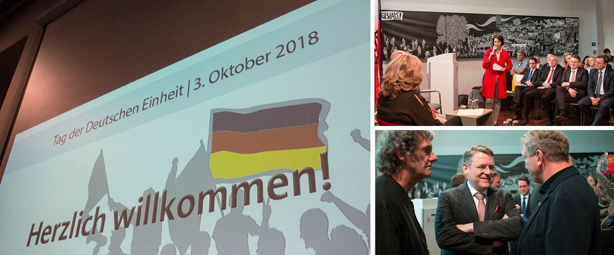Collage mit drei Fotos der Veranstaltung Tag der Deutschen Einheit, Landtagspräsident Carius im Gespräch sowie Gäste der Veranstaltung.