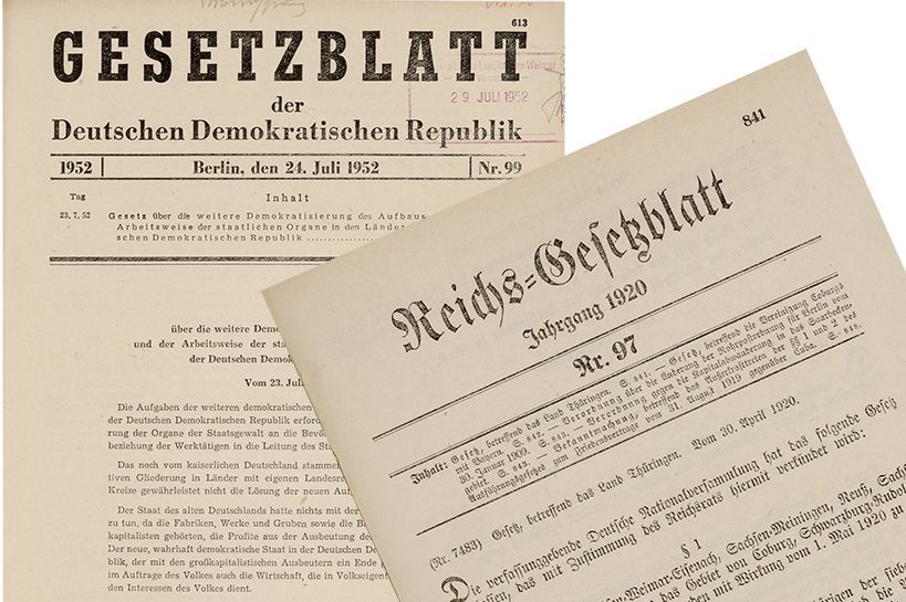 Reichsgesetzblatt 1920 Nr. 97, Gesetz, betreffend das Land Thüringen vom 30. April 1920 und Gesetz über die weitere Demokratisierung des Aufbaus und der Arbeitsweise der staatlichen Organe in den Ländern der Deutschen Demokratischen Republik vom 23. Juli 1952, Seite 1